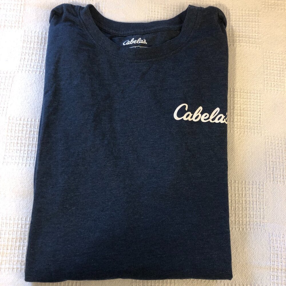 Cabelas Shirt Mens XXL Blue Short Sleeve Crew Neck Cotton Casual Graphic Tee B83